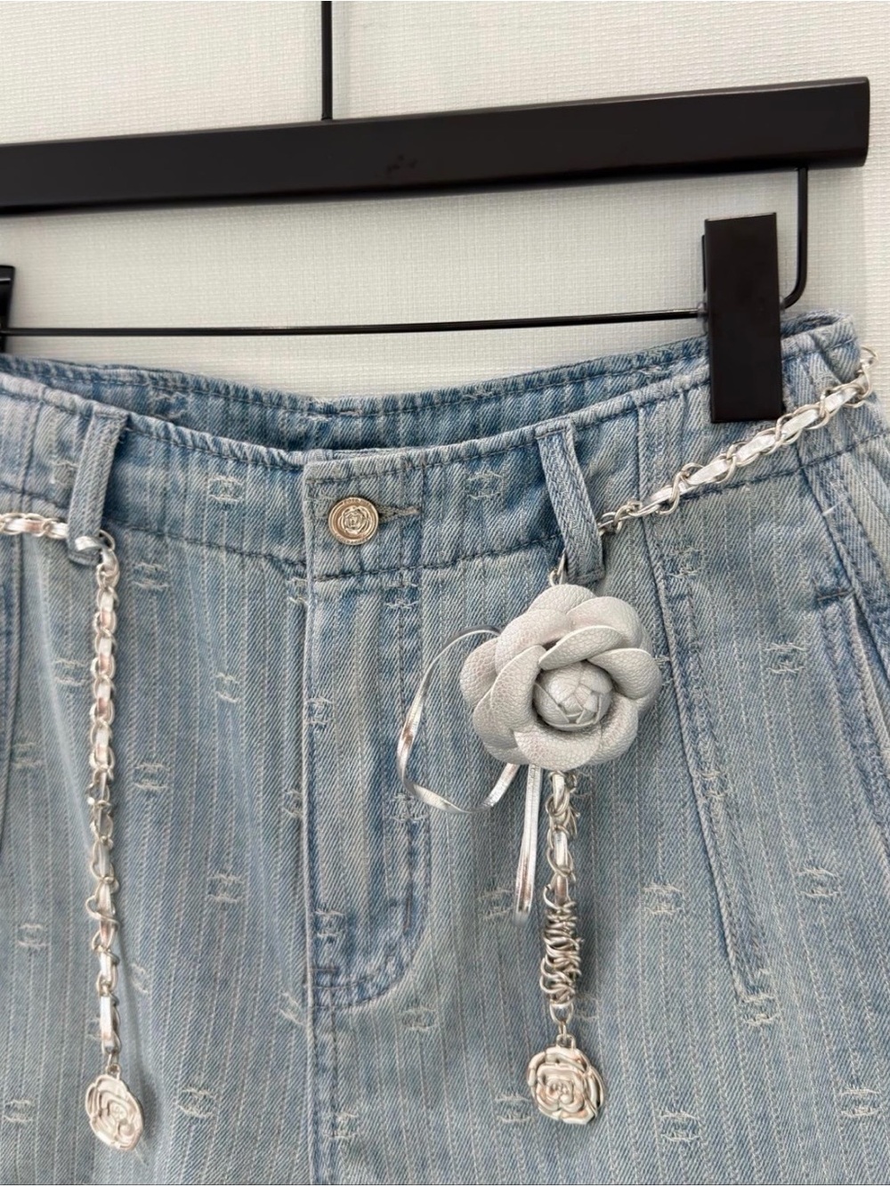 CHANEL Light Blue Distressed Denim Jean Shorts with Silver Chain - Picture 3 of 4